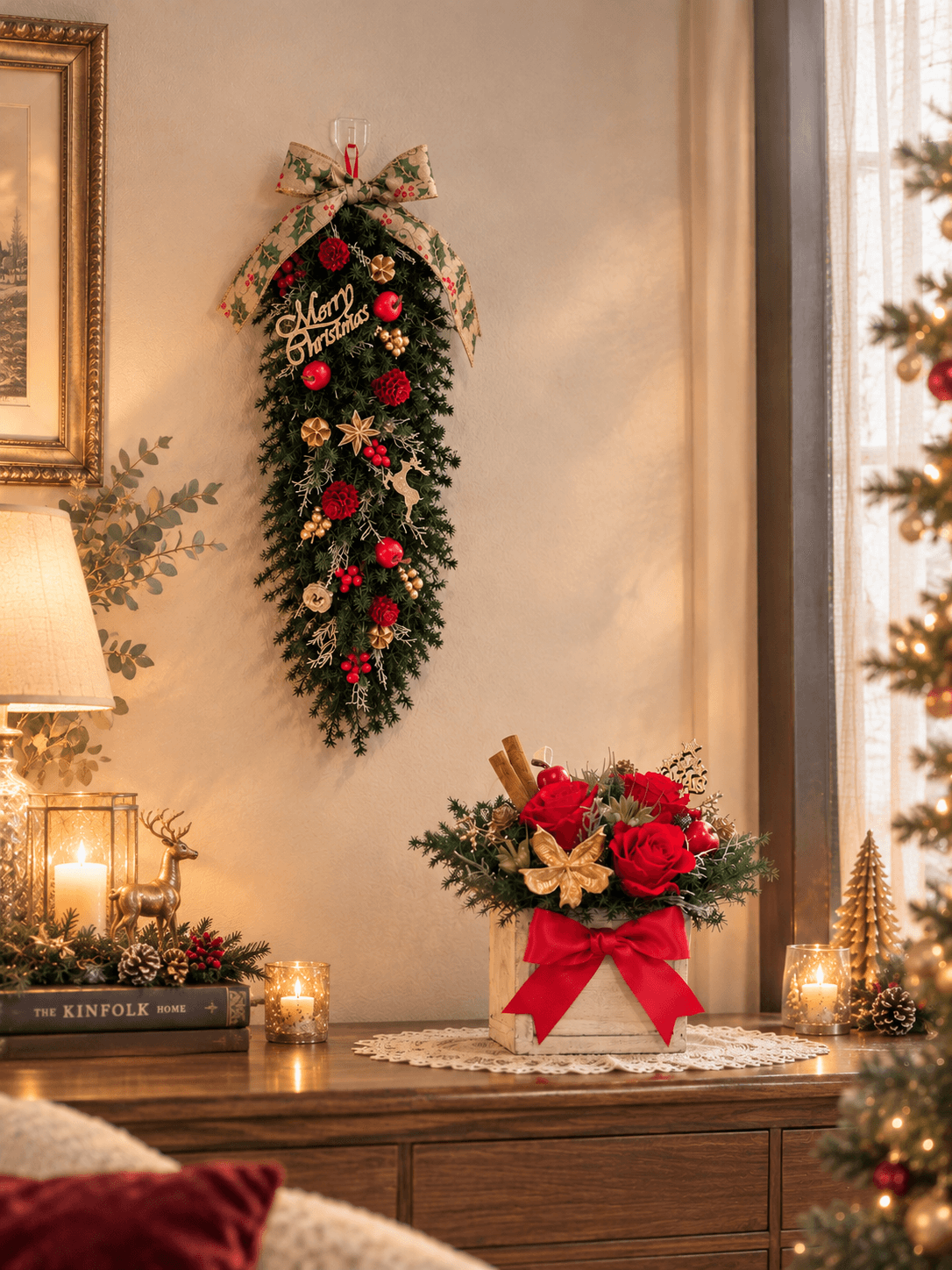 【早割り】クリスマスガーランド 赤とゴールドの華やかな 縦長スワッグ 壁飾り クリスマスインテリア 冬の贈り物 ギフト | 6枚目